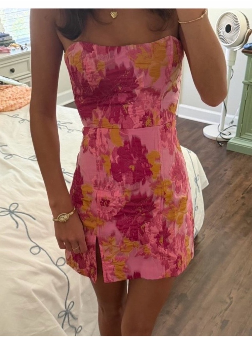 Showpo Pink Floral Mini Dress with Yellow Accents